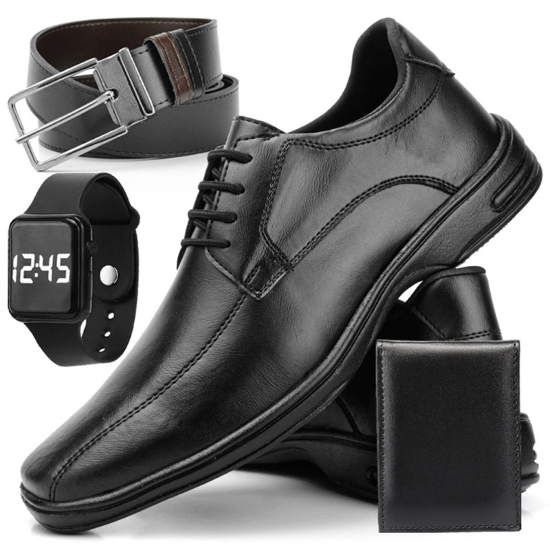 Sapato Social Masculino Moderno De Couro Legitimo Confort Costurado Macio Leve Antistress + Cinto Carteira e Relogio