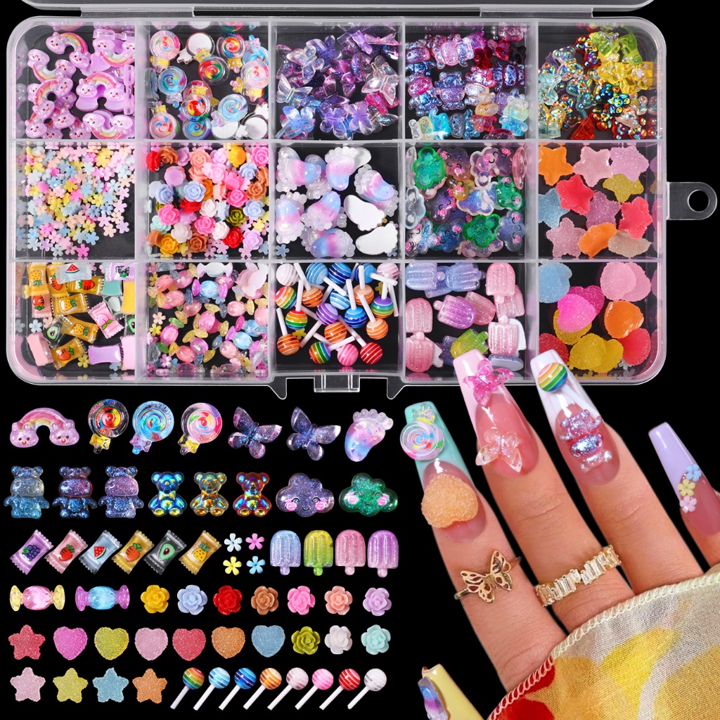 kit nail adesivo de unha  strass para unha 15 quadros  decoração de unha Estilos fofos de pirulito em desenho animado glitter acessórios para manicure