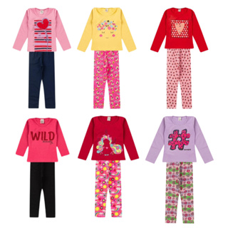 Kit 6 Peças Infantil 3 Calça Legging + 3 Blusinha Manga Longa Algodão Meia Estação Tamanho 1 ao 14 em Oferta na Shopee