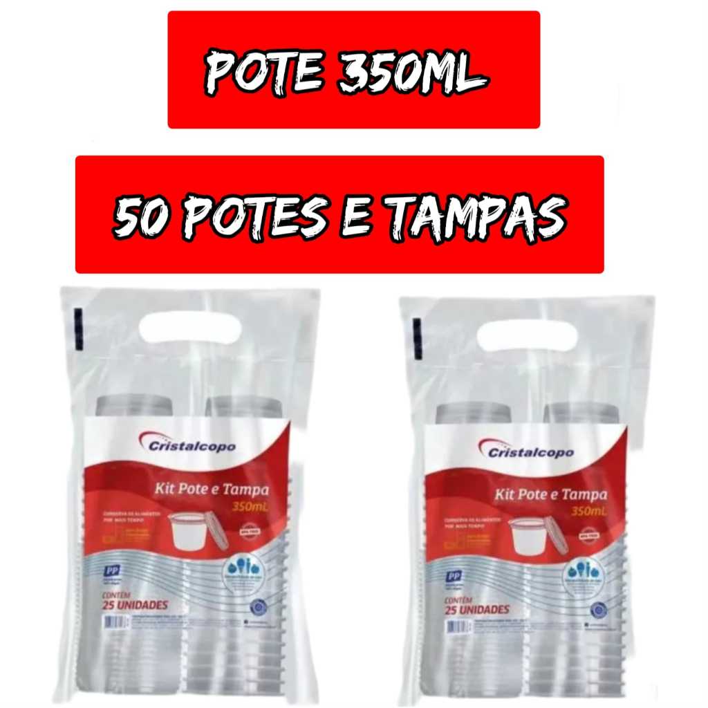 50 Kit Pote Plástico 350ml Descartável Redondo C/tampa-- Vai ao Freezer e Micro-ondas