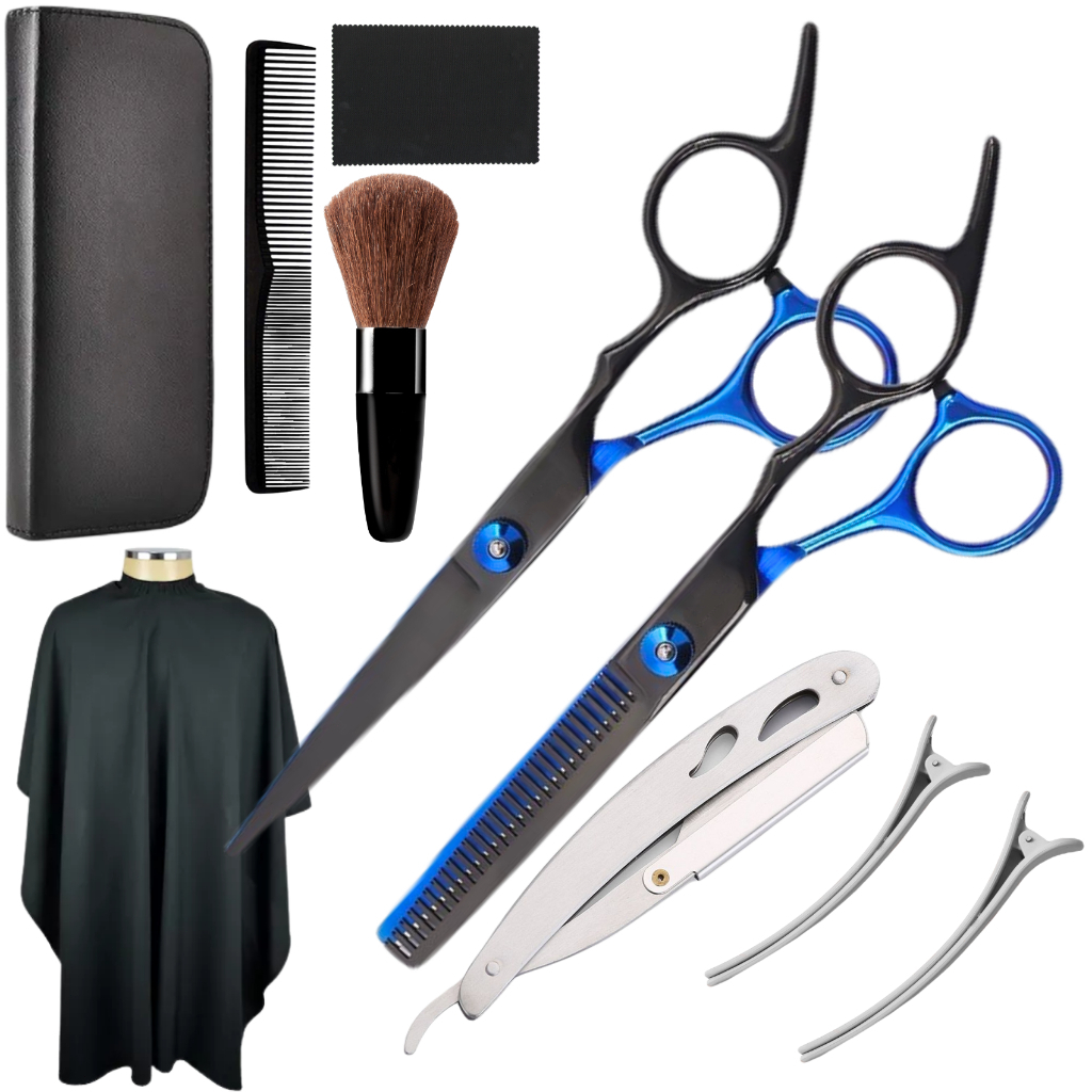 Kit 10PCS Tesoura Barbeiro Fio Navalha E Desfiadeira + Acessórios Espanador Pente Presilhas em Metal Navalhete e Capa em Oferta na Shopee