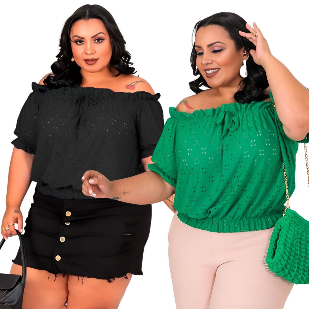 Kit 02 Blusa Feminina Plus Size Ciganinha Ombro a Ombro Cropped Blusinha Verão Lycra 48 50 52 GG G1