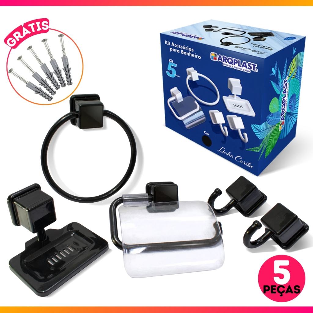 Kit Acessórios Banheiro Com 5 Peças Plástico Resistente Decoração Porta Toalha Papeleira Saboneteira