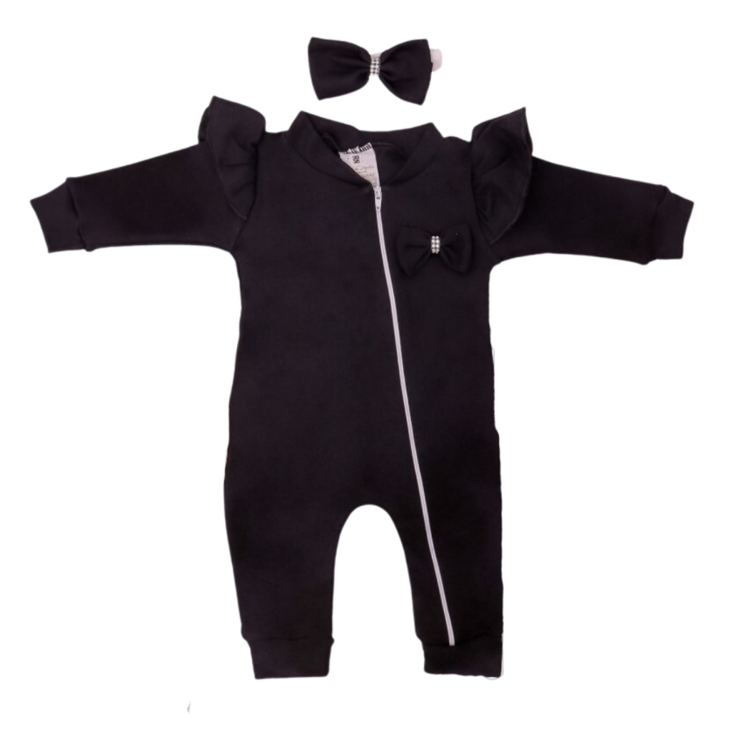 Macacão Zíper Bebê Menina com Faixa de Cabelo Combinando Suedine 100% Algodão Roupas de Bebê Macacao