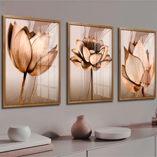 Kit 3 Peças Quadros Decorativos Mdf Flores Ton Cobre Gold Folhas Moldura Para Quarto Sala ...