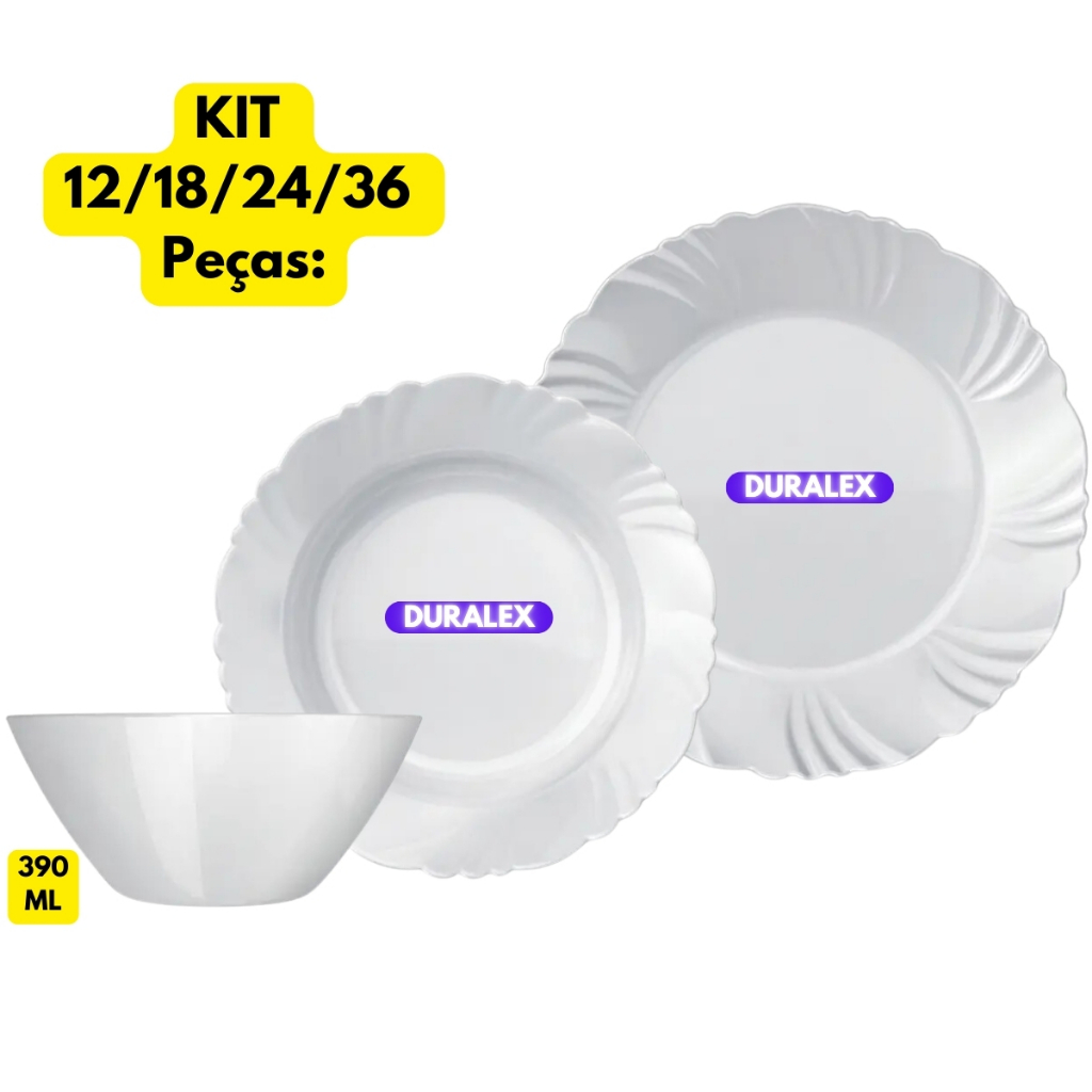 Jogo Kit 12/18/24/36 Peças Pratos Branco Vidro Duralex Pétala Fundo + Raso + Cumbuca Saladeira 390ML