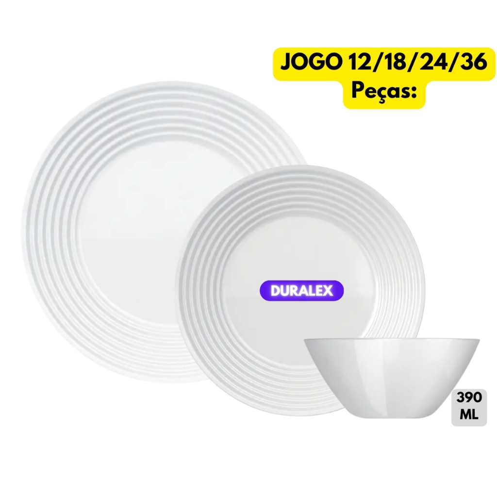 Jogo Kit 12/18/24/36 Peças Pratos Branco Vidro Duralex Saturno Fundo+Raso Cumbuca Saladeira 390ML