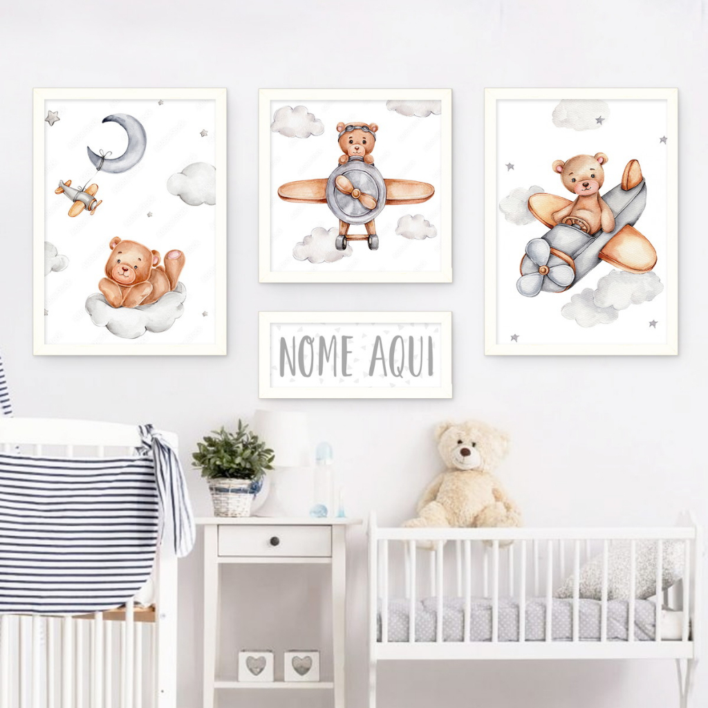 Kit Quadros Decorativos Trio Aviação Urso Avião Nome Personalizado Céu Estrela Infantil Criança Mini em Oferta na Shopee