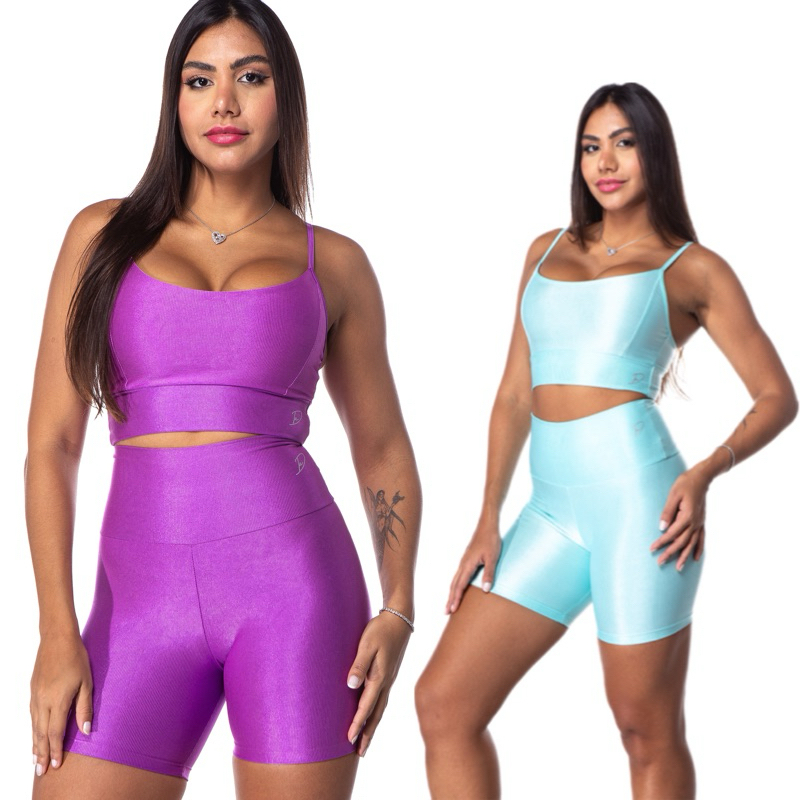 Conjunto Fitness Moscou Top + Shorts Canelado BRILHO TOP FORRADO Roupa de Academia