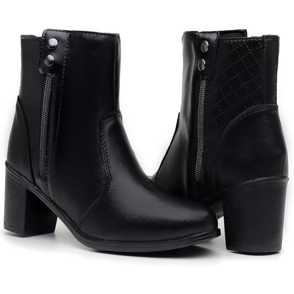 Bota Coturno Feminina Coturno com Salto Médio Cano Curto com Zíper Lateral Bico Fino