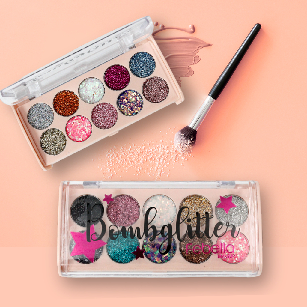Paleta de Glitter, Bombglitter, 10 Cores, Febella, Cores Vibrantes, Glitter Super Pigmentado, Leve