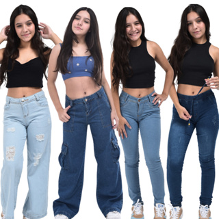 Calça jeans feminina  infantil juvenil 10 ao 16 premium cargo wide leg pantalona slim skinny em Oferta na Shopee