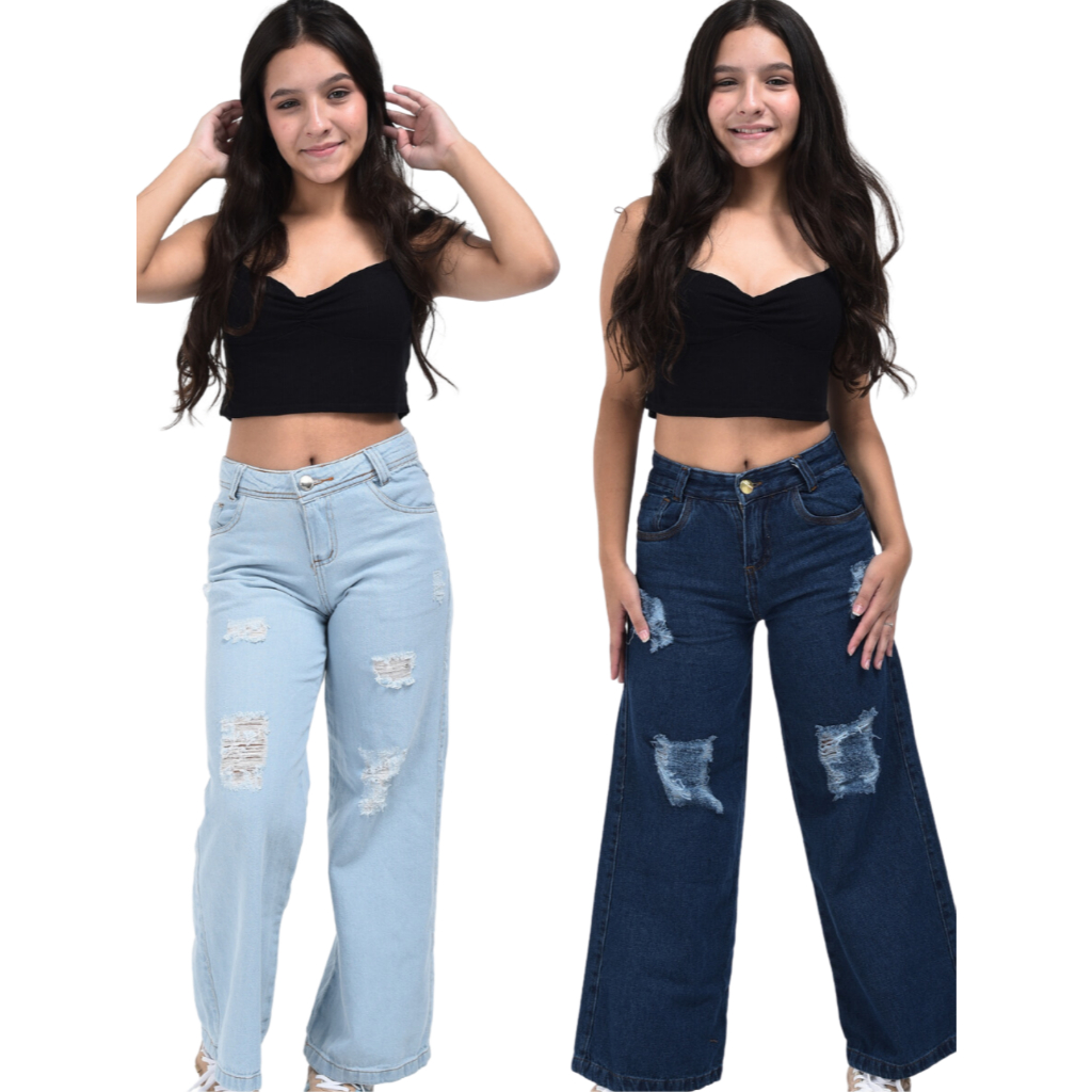Calça jeans feminina  infantil juvenil 10 ao 16 premium cargo wide leg pantalona slim skinny