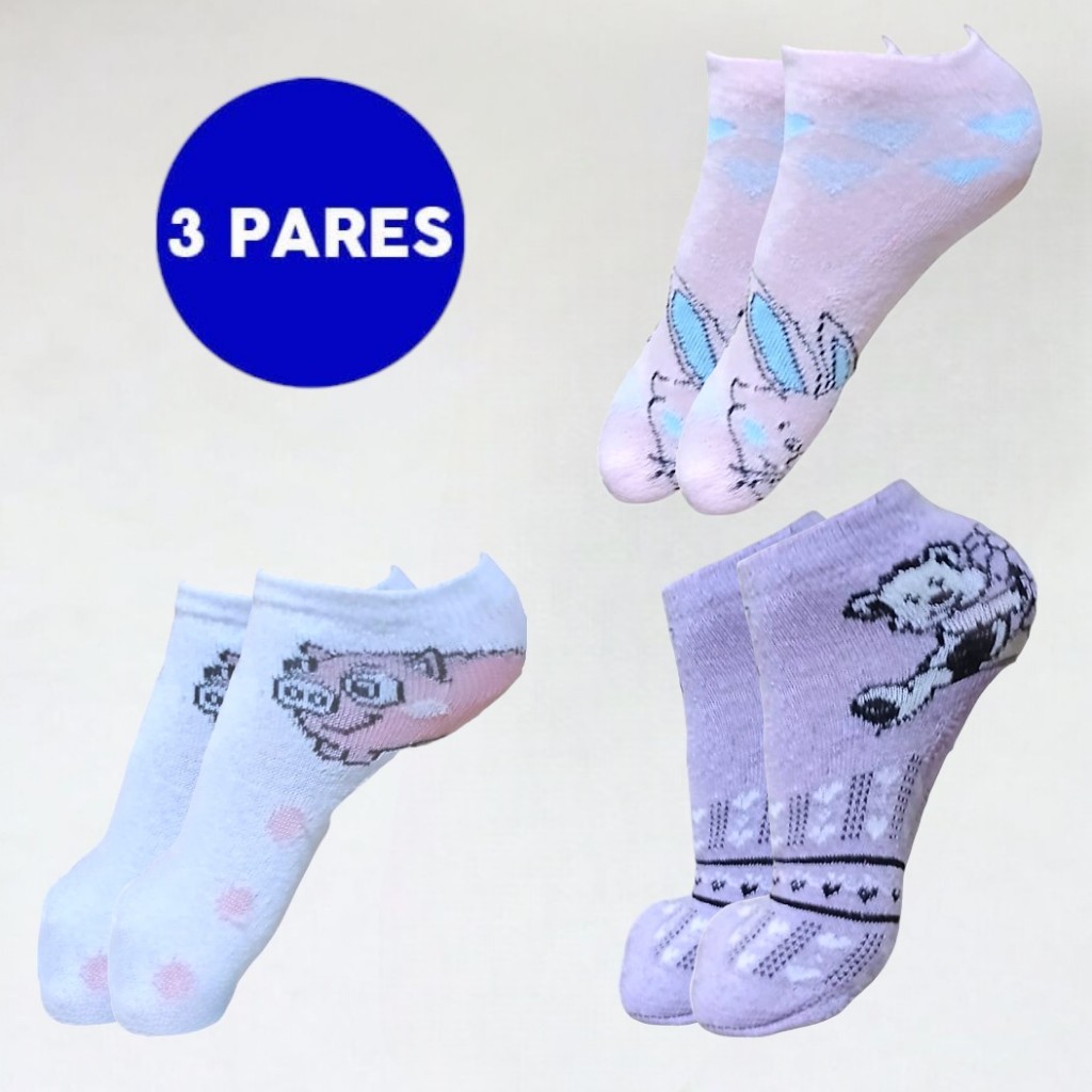 Kit 3 Meia Infantil Estampada Cano Curto Confortável Feminina 31 a 34