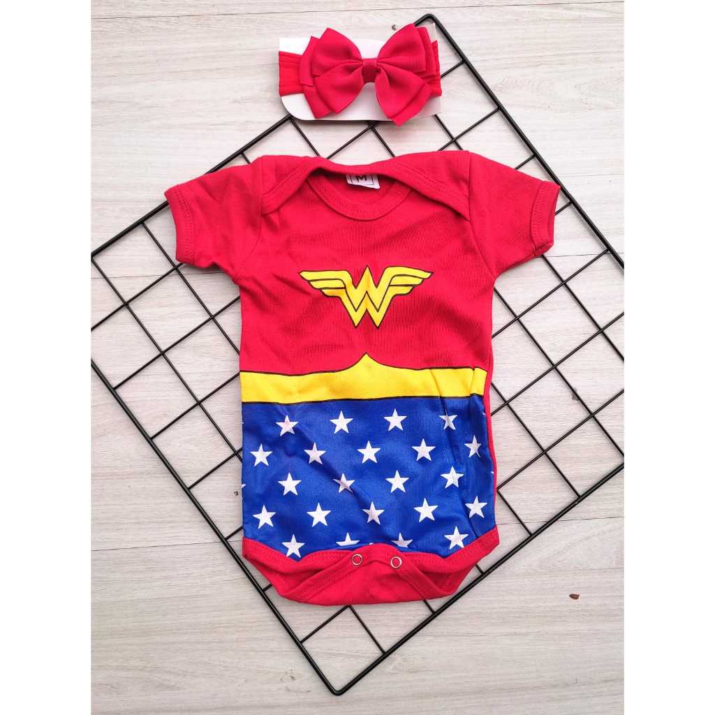 Kit Body Bebê Menina  Laço Tematico Mulher Maravilha Mesver