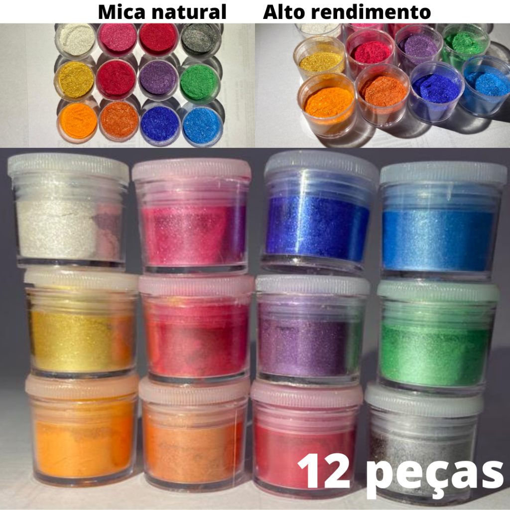 Imagem Kit 12 Pigmento metálico para Resina Epóxi e artesanato- Pó Mica Pownder Perolado cores cosméticos unhas diy cor colorir corante make slime colorido pintar inspiração ideias decoração chaveiro combo glitter flocado hexagonal carnaval mineral