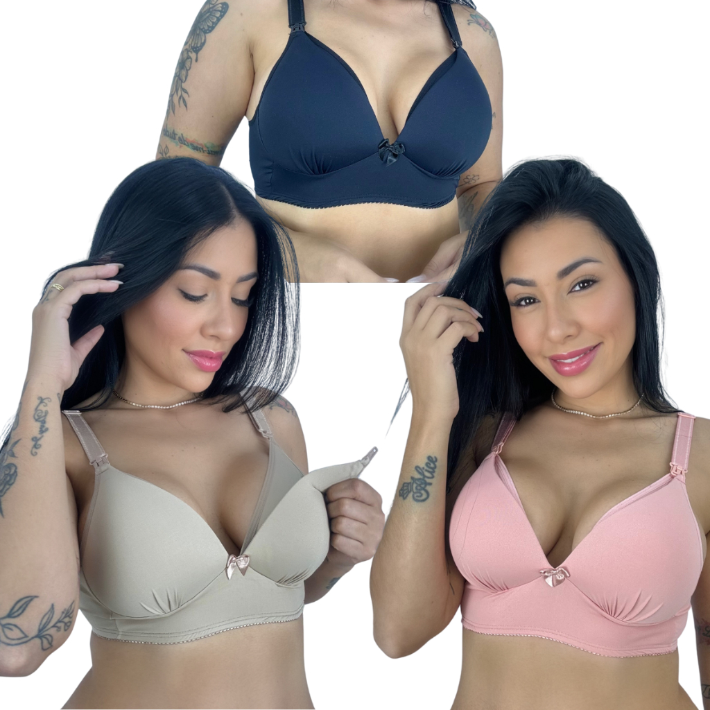 KIT C/3 Sutiã Amamentação com Bojo Soft todo em Micro Facil Amamentar Kelly em Oferta na Shopee