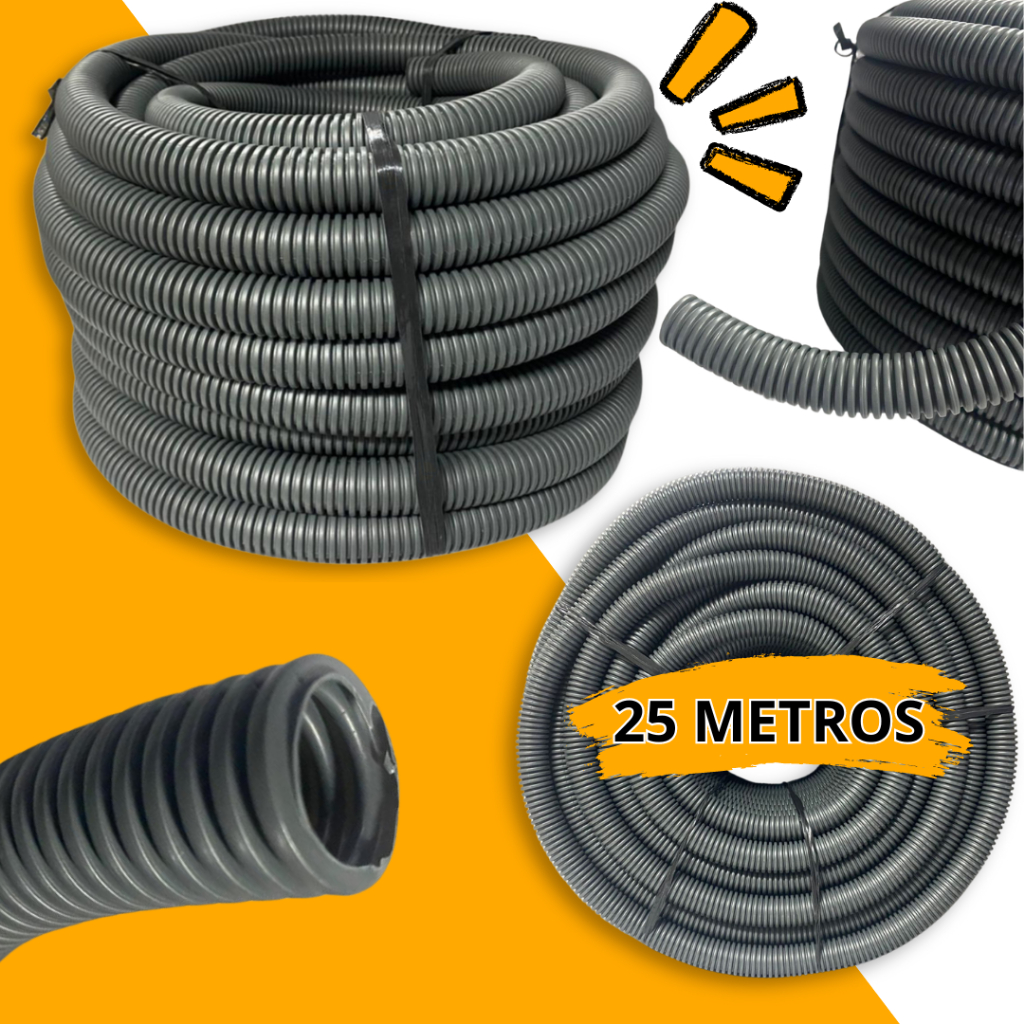 25Metros Conduíte Tubo Flexível Eletroduto Corrugado 3/4 Reforçado Extra Forte Flexível 1,3Kg Cinza