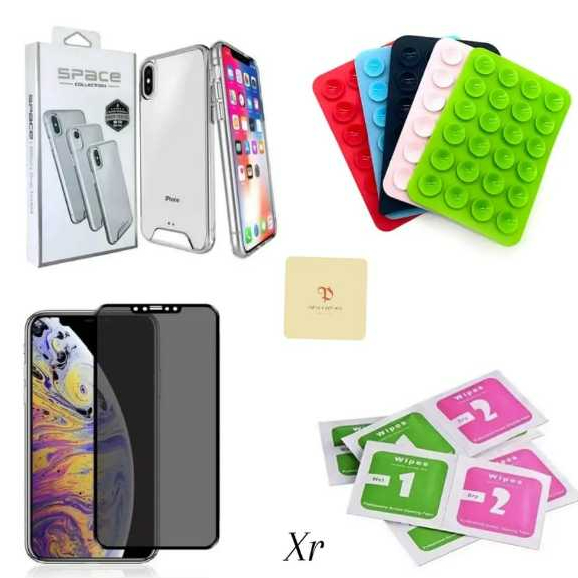 Kit  suporte ventosa + capinha space transparente + pelicula privacidade 3d para iphone xr