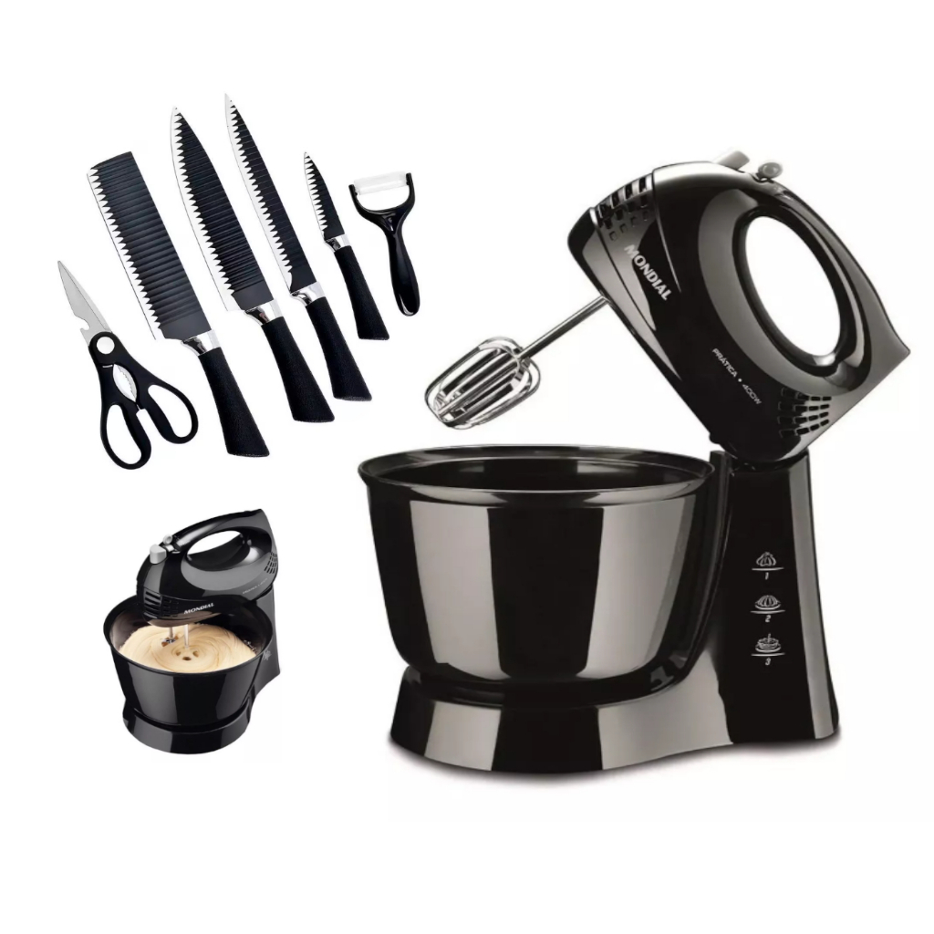 Kit Utensílios Cozinha Facas Tesoura Batedeira Mondial Preta 400W C/ Nfe