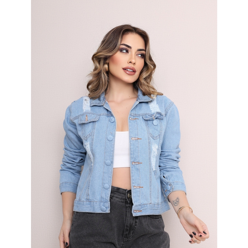 jaqueta jeans manga longa \ Lançamento 2024 com barra em Oferta na Shopee