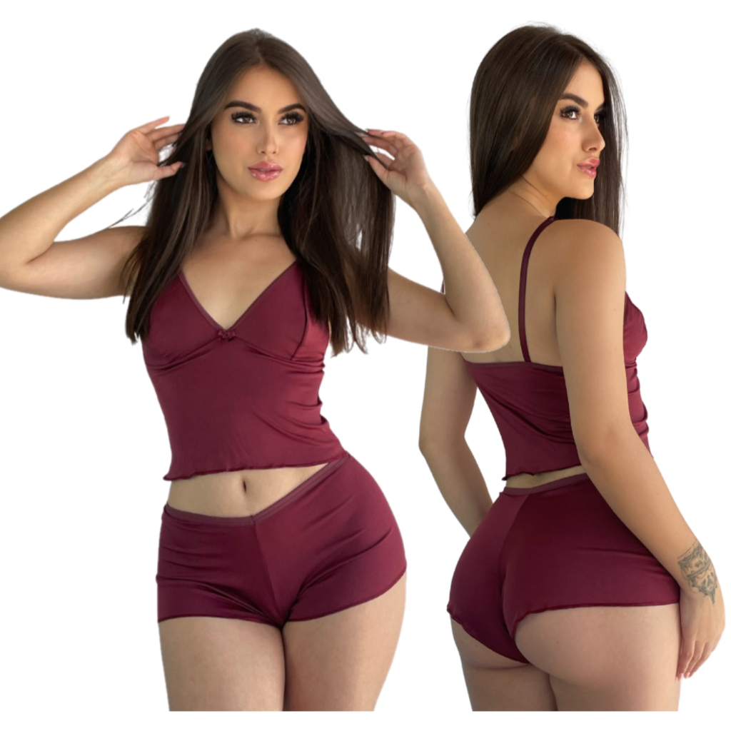 Baby Doll Microfibra Top Duplo Pijama Noite Conjunto Cropped em Oferta na Shopee