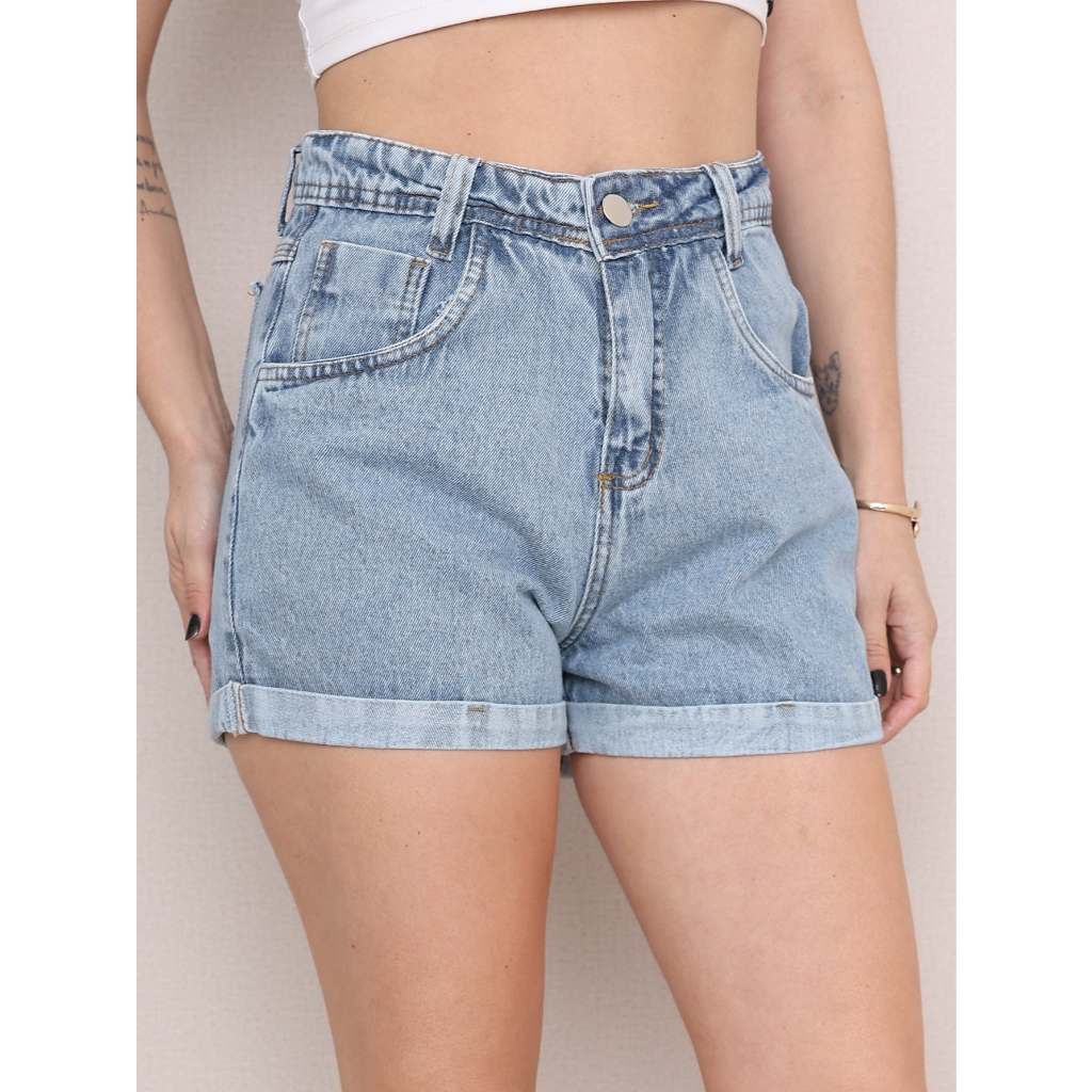 Short Bermuda Jeans Feminino Preto Barra Feita Liso Bainha em Oferta na Shopee