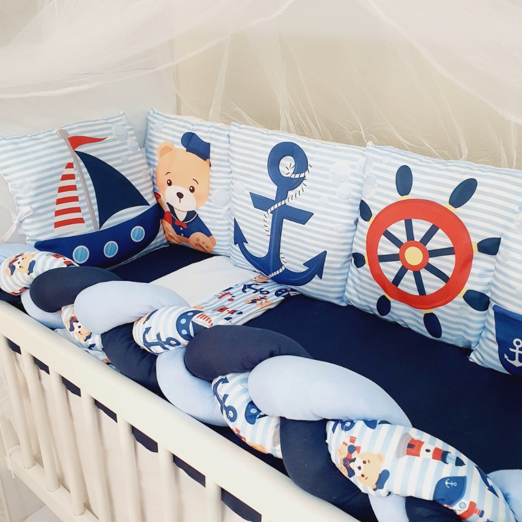 Kit Mini Berço com 12 peças + Saia de Berço Bebê Menino Marinheiro em Oferta na Shopee