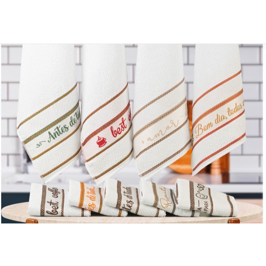Pano de Prato Felpudo 6pçs 45x70cm Atoalhado Gourmet 100% Algodão c/ Palavras Bordadas