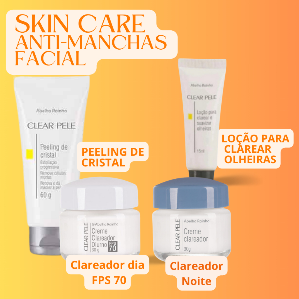 Kit Skin Care Creme Clareador Facial Dia FPS70  Crem e Noturno para manchas   Peeling de Cristal Loção para Clarear e Suavizar Olheiras