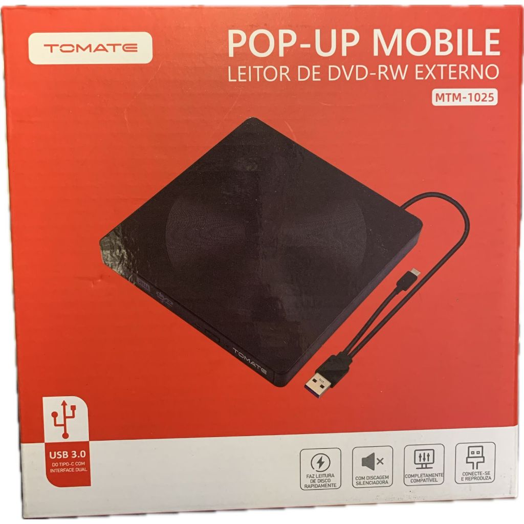 Gravador Externo De Cd E Dvd Tipo-c Usb 3.0 Externo TOMATE MTM-1025