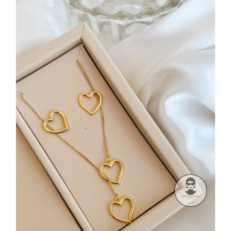 Conjunto Colar e Brinco Feminino Gravatinha de Coração Folheado a Prata 925 e Ouro 18k