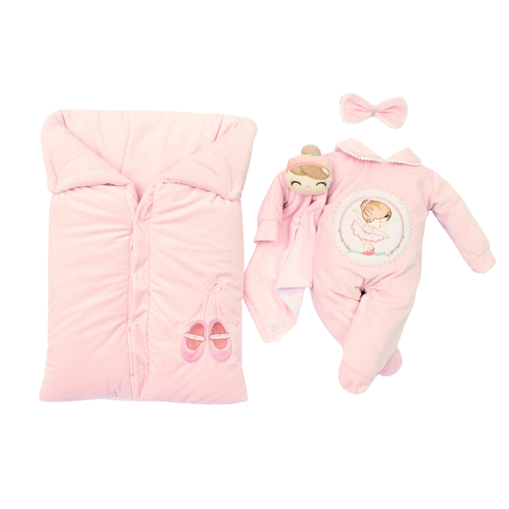 Saída Maternidade Menina Bailarina Rosa Plush Quentinho com Porta Bebe e Naninha Bailarina...