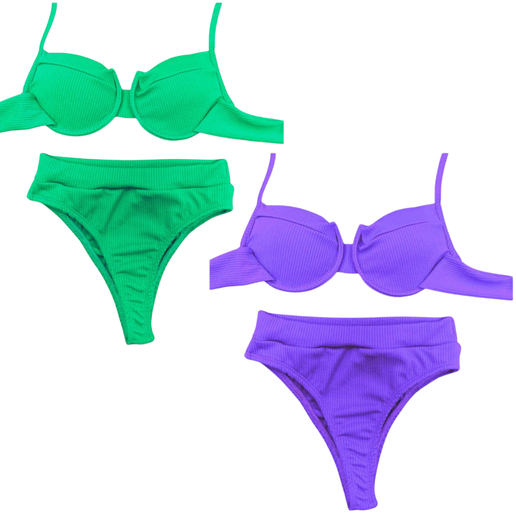 KIT 2 Biquini Feminino Canelado Meia Taça com Bojo e Calcinha Hotpants Cintura Alta