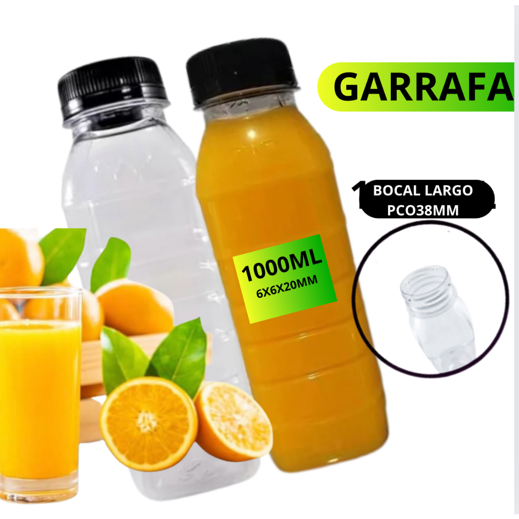 KIT 100 Garrafas 1000ml Cristal Resistente Pet 100% Virgem Cristal Boca Larga Tampa Lacre