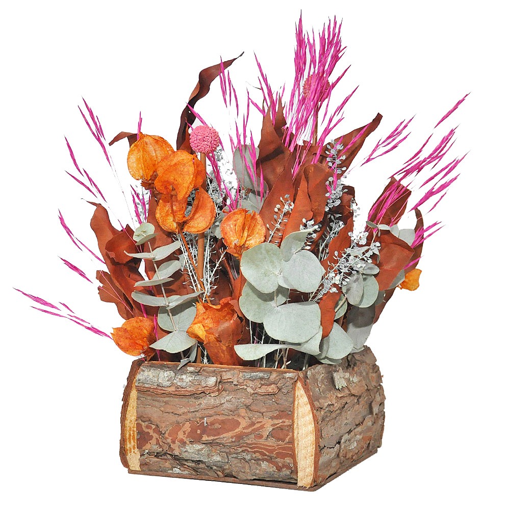 Arranjo de flores desidratadas cachepô de madeira rústico