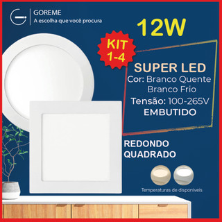 Kit 4 Plafon Painel Led Embutido 12W Quadrado e Redondo Branco Frio | Branco Quente em Oferta na Shopee