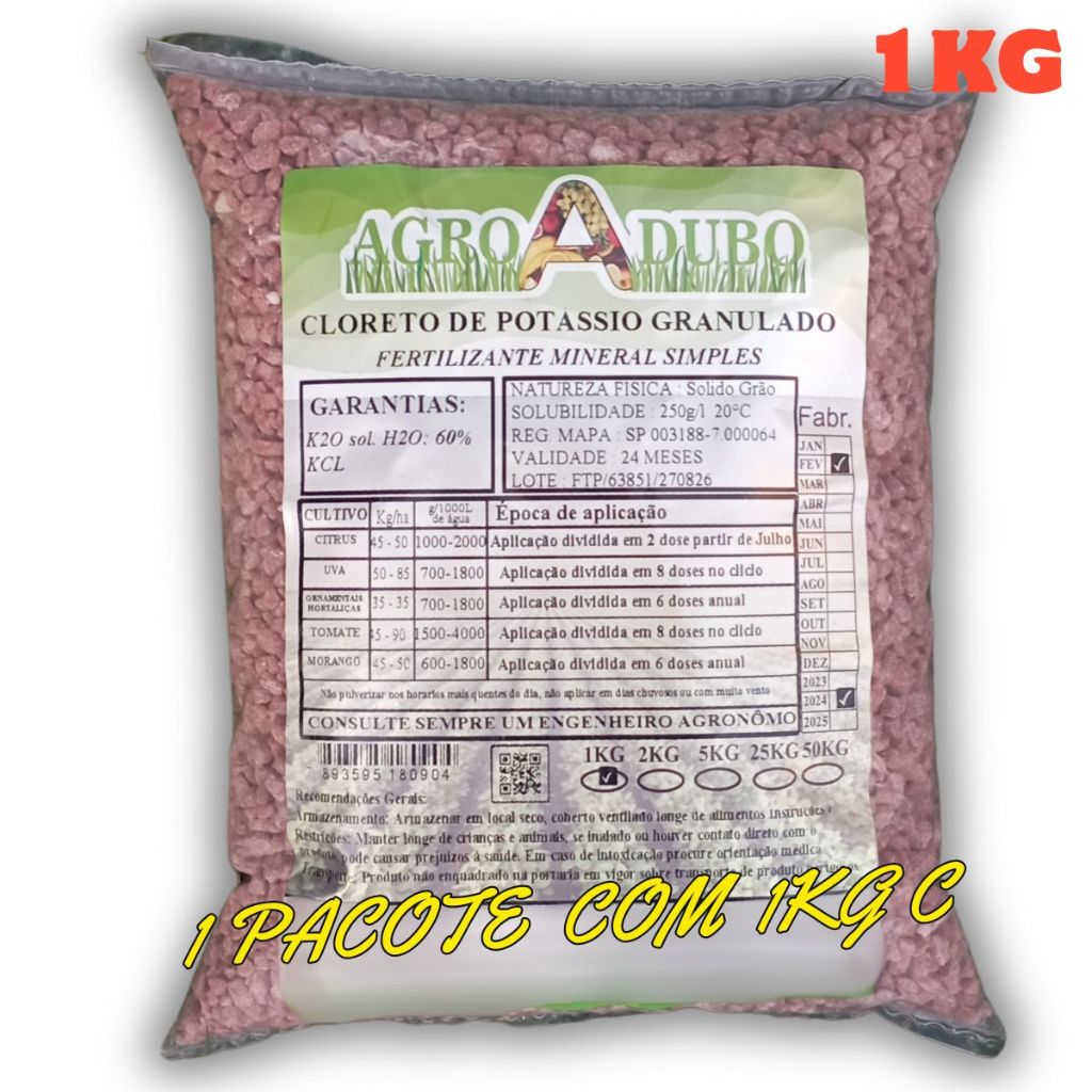 Fertilizante Cloreto Potássio Granulado 1kg Adubo 60% Kcl