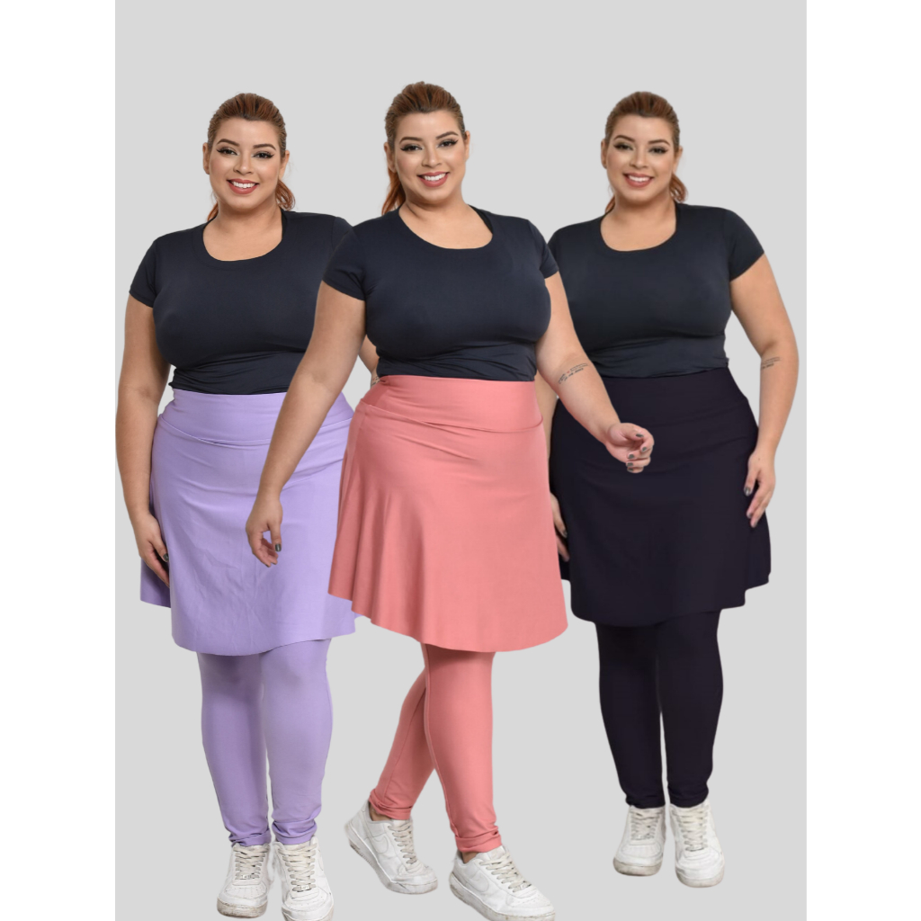 kit 3 Calças Legging Saia Fitness Moda Evangelica Com Bolso Plus Size G1 G2