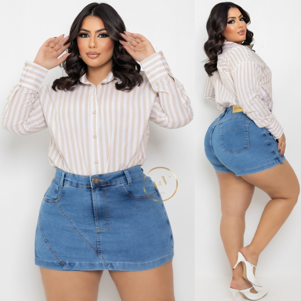 Short Saia Jeans Plus Size Feminino Com Lycra 44 ao 54