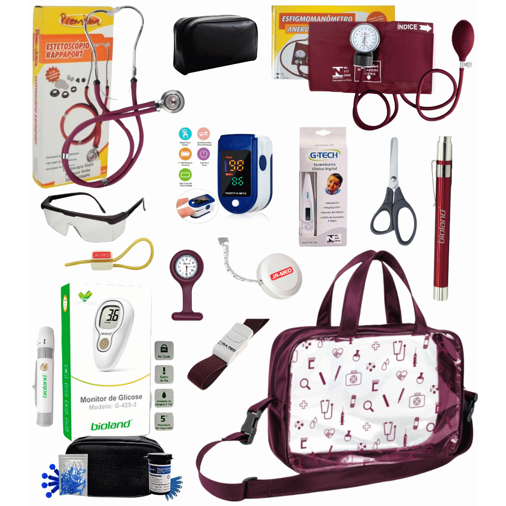 Kit Material De Enfermagem Estágio Premium Estetoscópio Duplo + Esfigmomanometro Completo + Oximetro em Oferta na Shopee