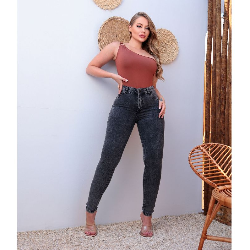 Calça Jeans Feminina Cintura Alta Levanta Bumbum Marmorizada Grafite