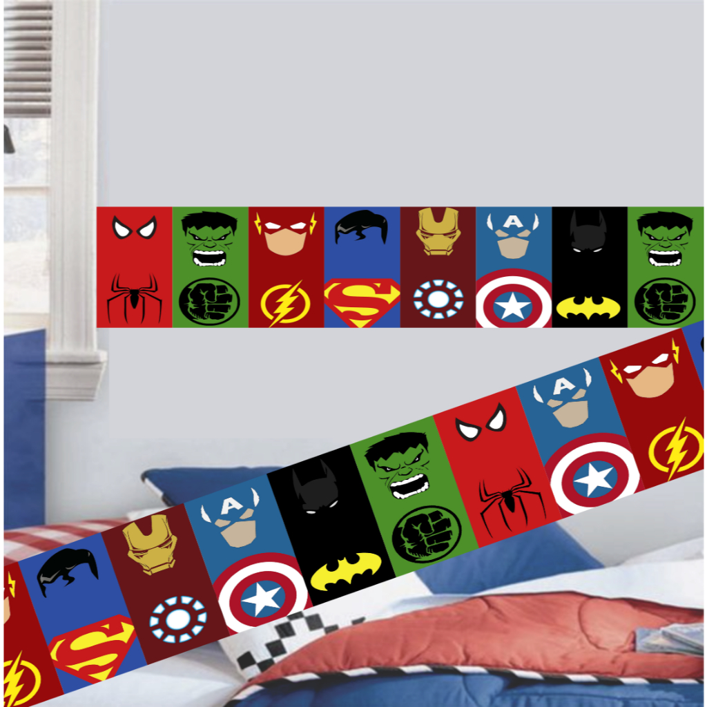 Faixa Adesiva Decorativa para Parede Quarto Decoração Adesivo Papel de Parede Heróis Super Herói Batman Homem de Ferro Capitão América Superman Thor Hulk Flash Homem Aranha
