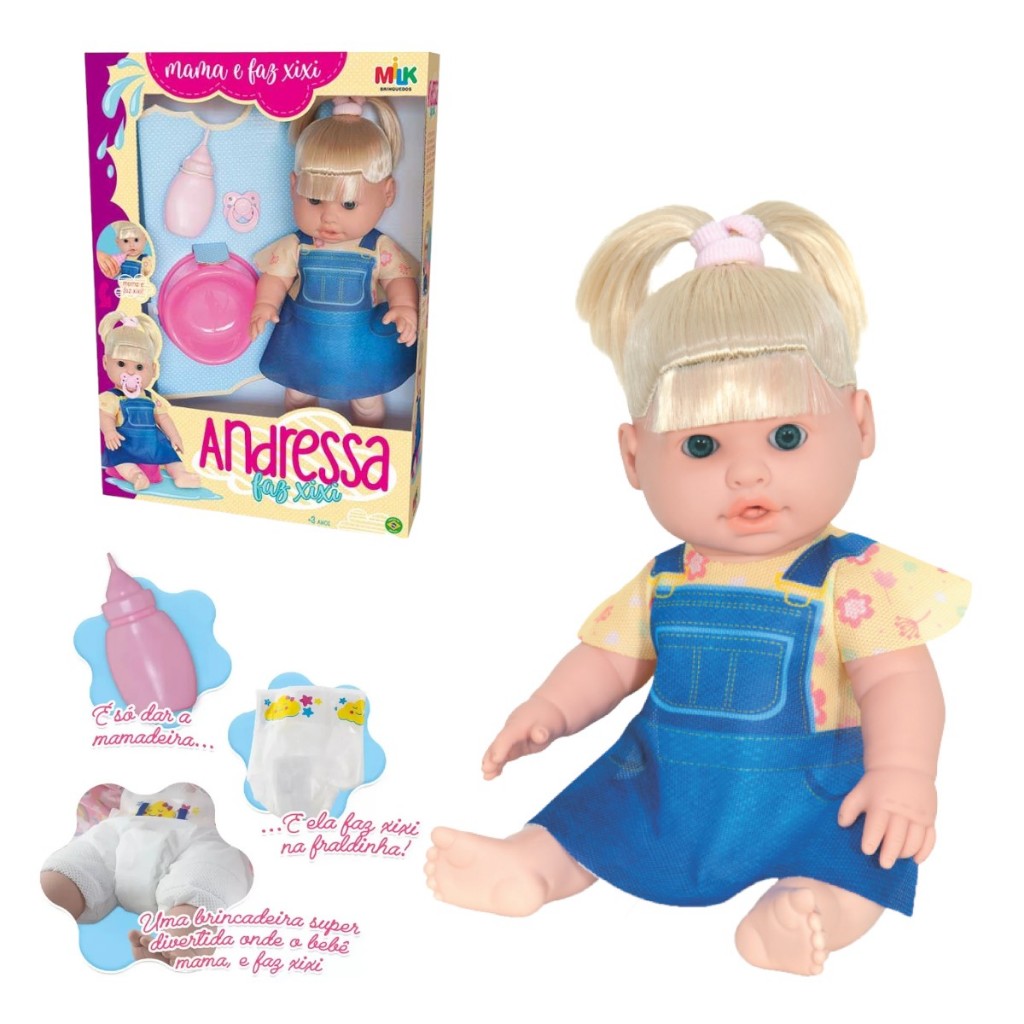Boneca Andressa que Faz Xixi de Verdade Mamadeira e Chupeta Brinquedo - Milk Brinquedos
