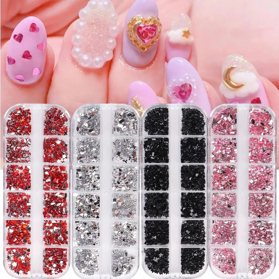 Kit 4 Caixas/12 Grade Multi Tipo Hotfix Rhinestones Flatback Cristal Diamante Gemas 3D Glitter Nail Art Decoração Luxuosa