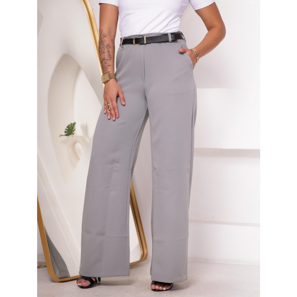 Calça Pantalona Alfaiataria Feminina Premium Flare Solta Social Wide Leg Cintura Alta