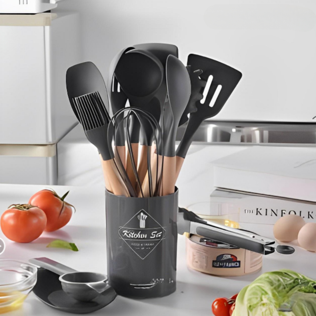 Imagem Jogo de Cozinha Kit C/12 Peças Utensílios de Cozinha em Silicone e Cabo de Madeira Antiaderentes