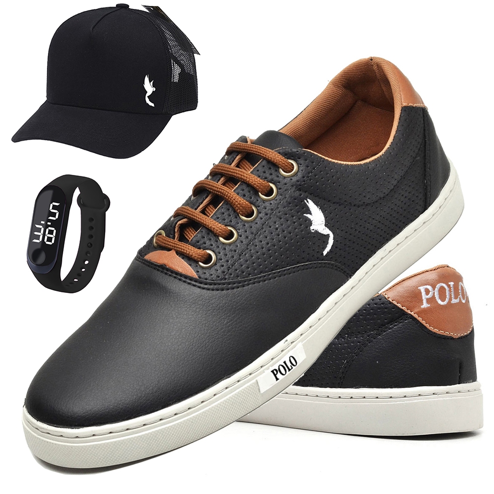 Sapatênis Masculino Casual Polo Blu em Sintético com Relógio Digital + Boné do 37 ao 46