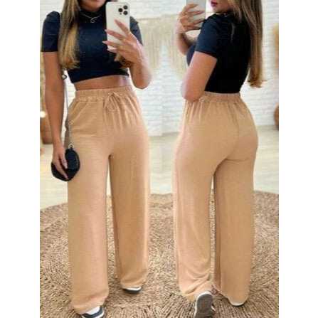 Calça Pantalona Dunas Feminina Bolso Cintura Alta