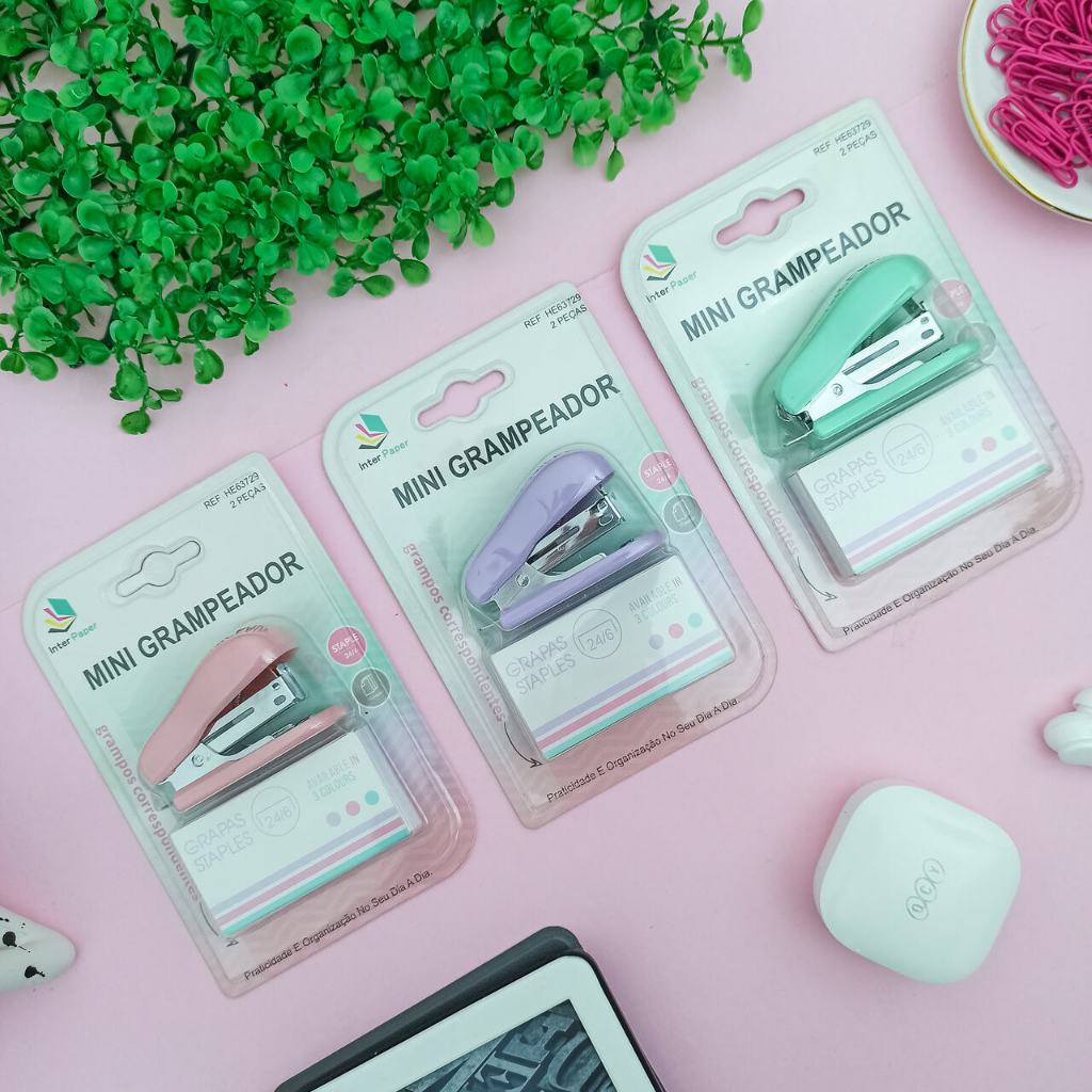 Mini Grampeador 24/6 Colorido Tom Pastel (Lilás, Rosa e Verde) + 1000 Grampos 24/6 - Importado em Oferta na Shopee